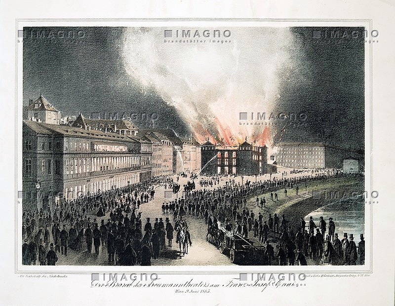Der Brand des Treumanntheater am Franz Josefs Kai Wien 9. Juni 1863". Farblithographie. Druck & Verlag H. Gerhart, Wien.[3]