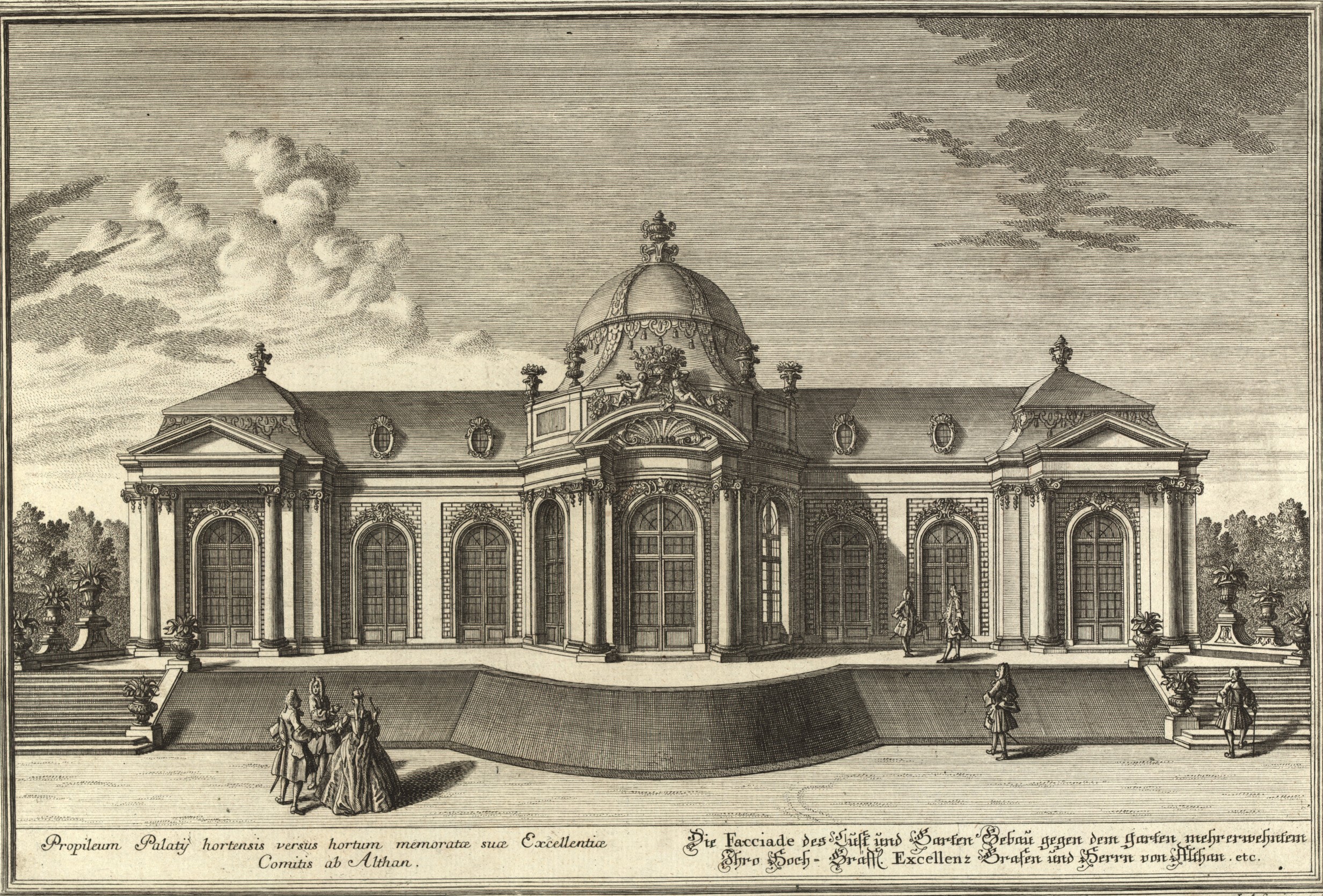Althan Palais 1737, Salomon Kleiner<ref>Salomon Kleiner (Zeichner), Johann August Corvinus (Kupferstecher), Johann Andreas d. Ä. Pfeffel (Verleger), "Die Facciade des Lust und Garten Gebäu gegen dem Garten ... Grafen und Herrn von Althan" (Palais Althan, Ungargasse), aus: Wahrhafte und genaue Abbildung (...), 4. Teil, Abb. 31, 1737, Wien Museum Inv.-Nr. 105765/137, CC0 (https://sammlung.wienmuseum.at/objekt/181544/)<ref>