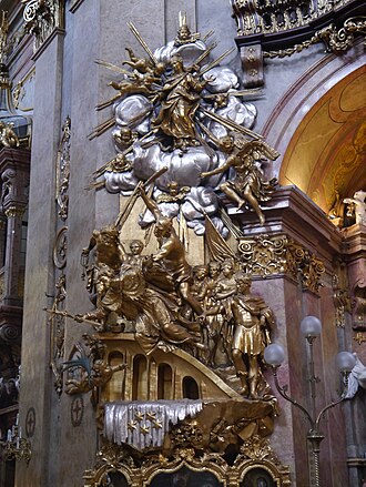 Johannes von Nepomuk wird von der Karlsbrücke gestoßen – silberne Wellen mit fünf Sternen