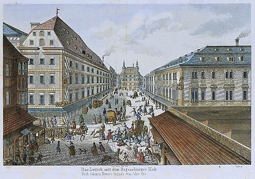 Das Lugeck mit dem Regensburger Hof.Urheber: Johann Wenzel Zinke (1797-1858) nach Salomon Kleiner (1700-1761)