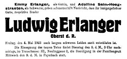 Ludwig von Erlanger death notice from 1923.jpg